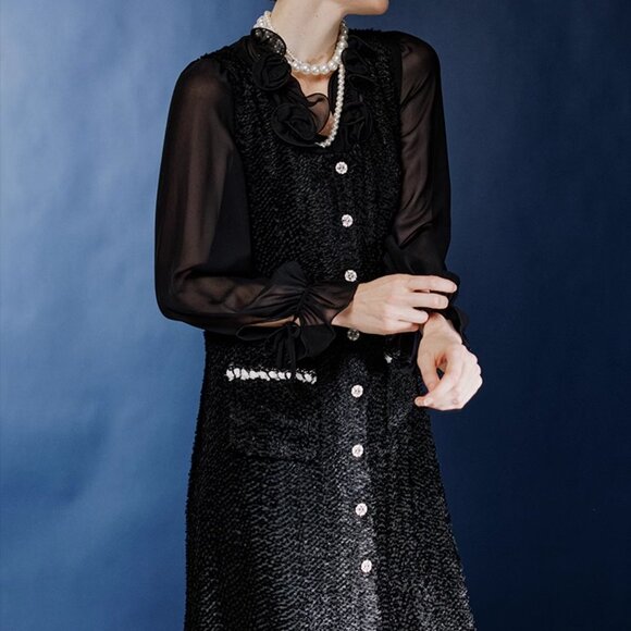 Luxury Silk-Blend Jacquard Dress | Dark Floral Night Sky Black | Size M - Picture 1 of 16